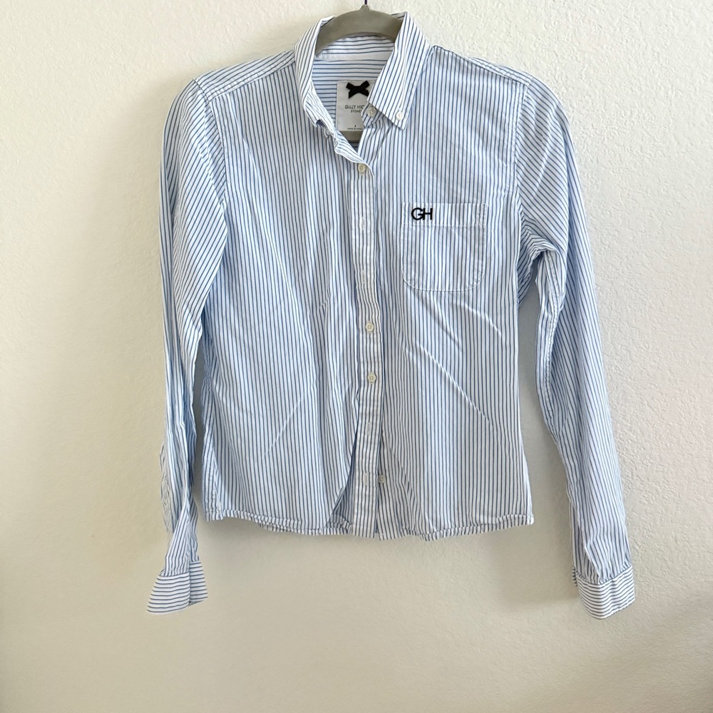 Gilly Hick’s Blue Striped Button Down Shirt